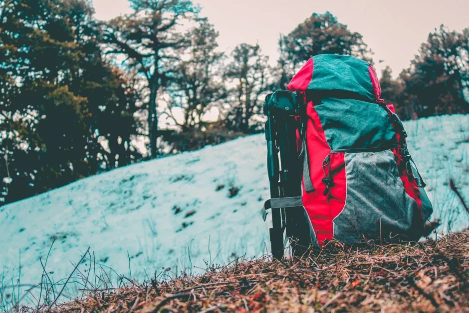 Hiking backpack packed for long-term travel, resting on a hillside